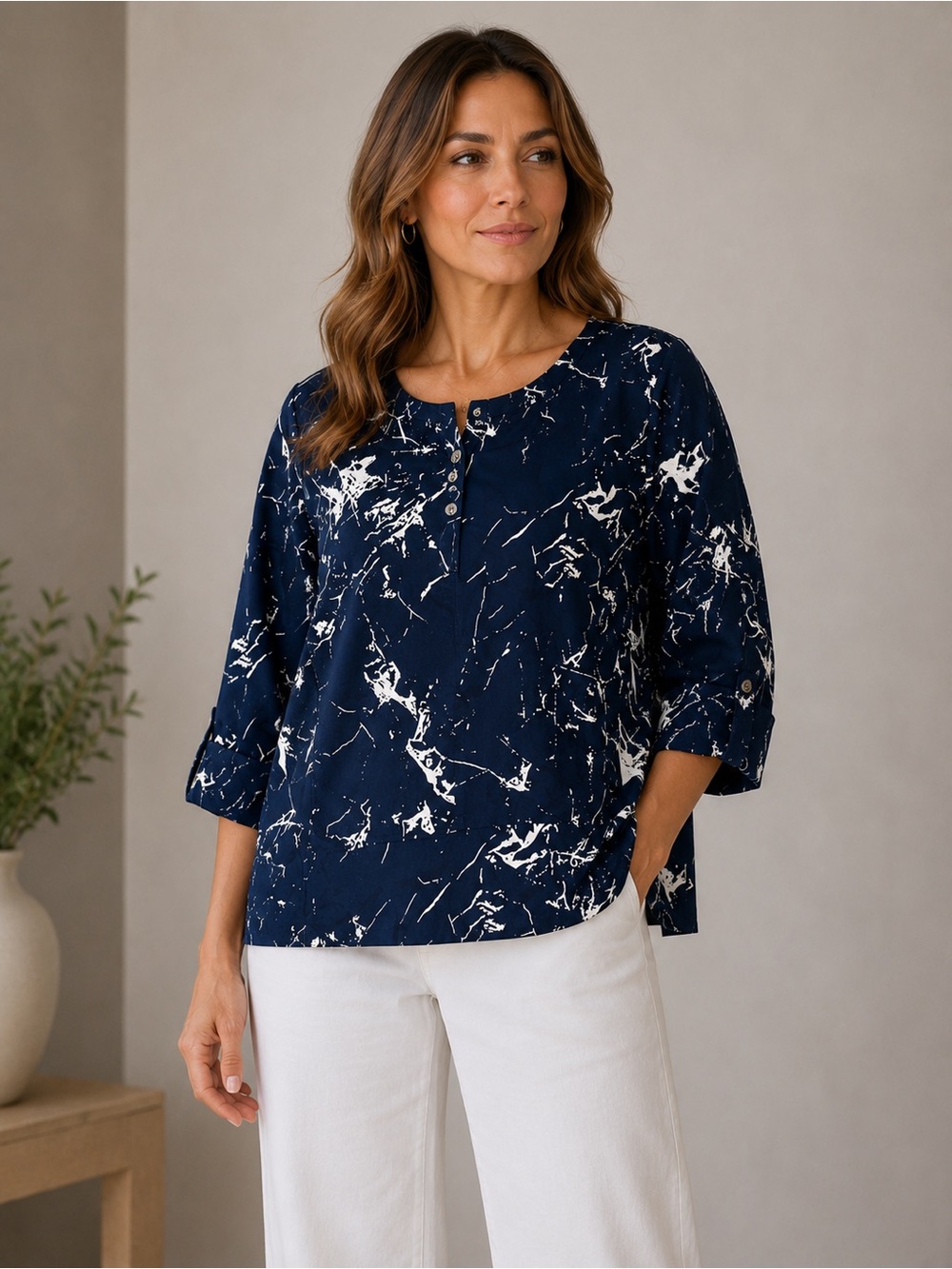 NWT Habitat 35301 Boxy Crew Neck Marbled Black White Top Sz M/L